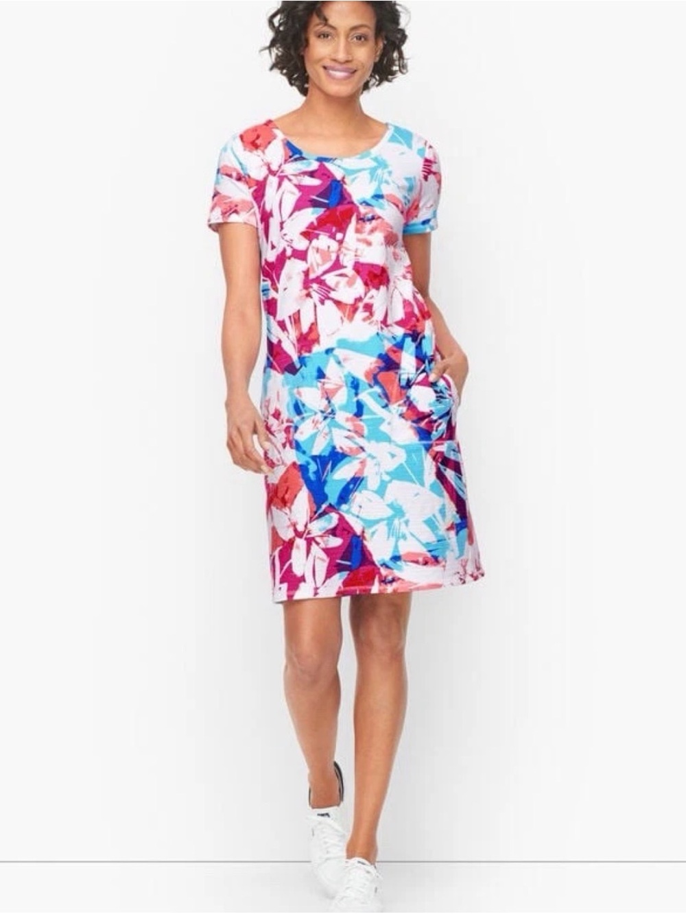 NWT T by Talbots Criss-Cross Casual Floral Shift Dress Pockets Stretchy Sz Small